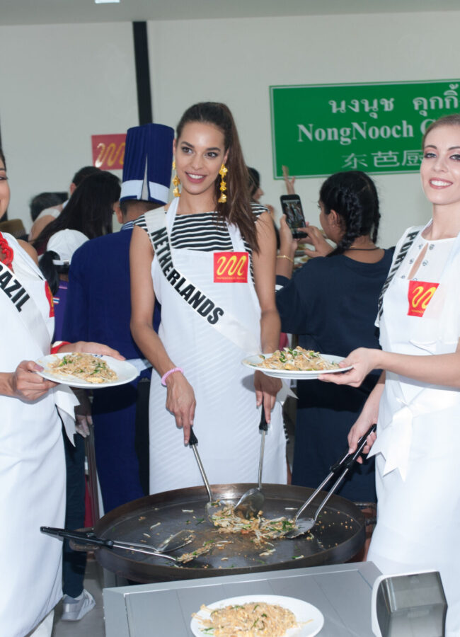 Mayra Dias, Miss Brazil 2018; Rahima Dirkse, Miss Netherlands 2018; and Filipa Barroso, Miss Portugal 2018; learn to make Pad Thai during an excursion to Nongnooch Botanical Garden in Pattaya, Thailand on December 7th. The Miss Universe contestants are touring, filming, rehearsing and preparing to compete for the Miss Universe crown in Bangkok, Thailand. Tune in to the FOX telecast at 7:00 PM ET live/PT tape-delayed on Sunday, December 16, 2018 from the IMPACT Arena in Bangkok, Thailand to see who will become the next Miss Universe. HO/The Miss Universe Organization