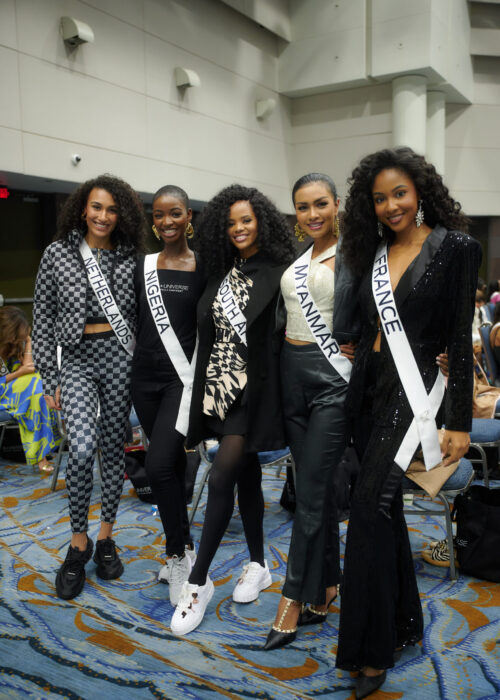 Ona Moody, Miss Universe Netherlands 2022; Hannah Iribhogbe, Miss Universe Nigeria 2022; Ndavi Nokeri, Miss Universe South Africa 2022; Moe Zar Lu, Miss Universe Myanmar 2022; Floriane Bascou, Miss Universe France 2022; attend rehearsals at the New Orleans Morial Convention Center. The MISS UNIVERSE delegates are touring, filming, rehearsing and preparing to compete for the 71st MISS UNIVERSE crown before the show airs LIVE from New Orleans, Louisiana on Saturday, January 14 at 7:00 PM ET on The Roku Channel in English and Telemundo in Spanish.