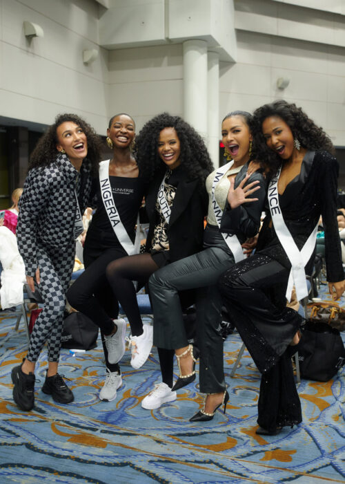 Ona Moody, Miss Universe Netherlands 2022; Hannah Iribhogbe, Miss Universe Nigeria 2022; Ndavi Nokeri, Miss Universe South Africa 2022; Moe Zar Lu, Miss Universe Myanmar 2022; Floriane Bascou, Miss Universe France 2022; attend rehearsals at the New Orleans Morial Convention Center. The MISS UNIVERSE delegates are touring, filming, rehearsing and preparing to compete for the 71st MISS UNIVERSE crown before the show airs LIVE from New Orleans, Louisiana on Saturday, January 14 at 7:00 PM ET on The Roku Channel in English and Telemundo in Spanish.