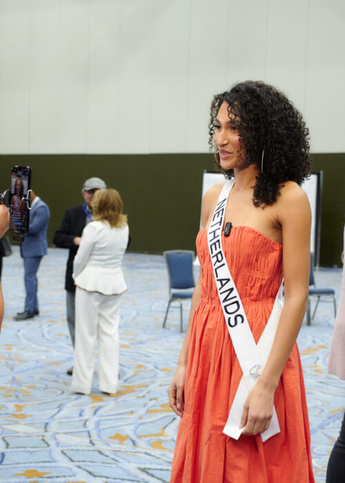 Ona Moody, Miss Universe Netherlands 2022 attends the Welcome Press Conference at the New Orleans Morial Convention Center. The MISS UNIVERSE delegates are touring, filming, rehearsing and preparing to compete for the 71st MISS UNIVERSE crown before the show airs LIVE from New Orleans, Louisiana on Saturday, January 14 at 7:00 PM ET on The Roku Channel in English and Telemundo in Spanish.
